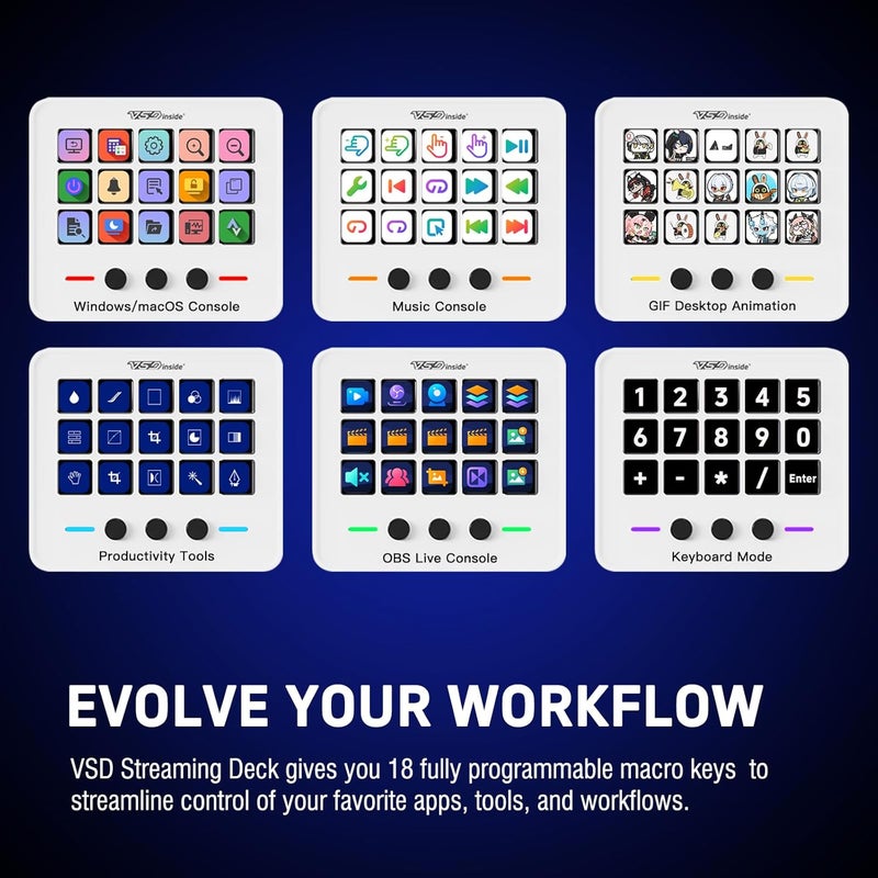 VSDINSIDE Macro Keypad, Stream Controller Deck Gaming Streaming Shortcut Keyboard, 18 Programmable Keys Customizable Visual AI Pad USB Soundboard for OBS, YouTube, Desk Office Setup, Laptop, PC, Mac - Image 3